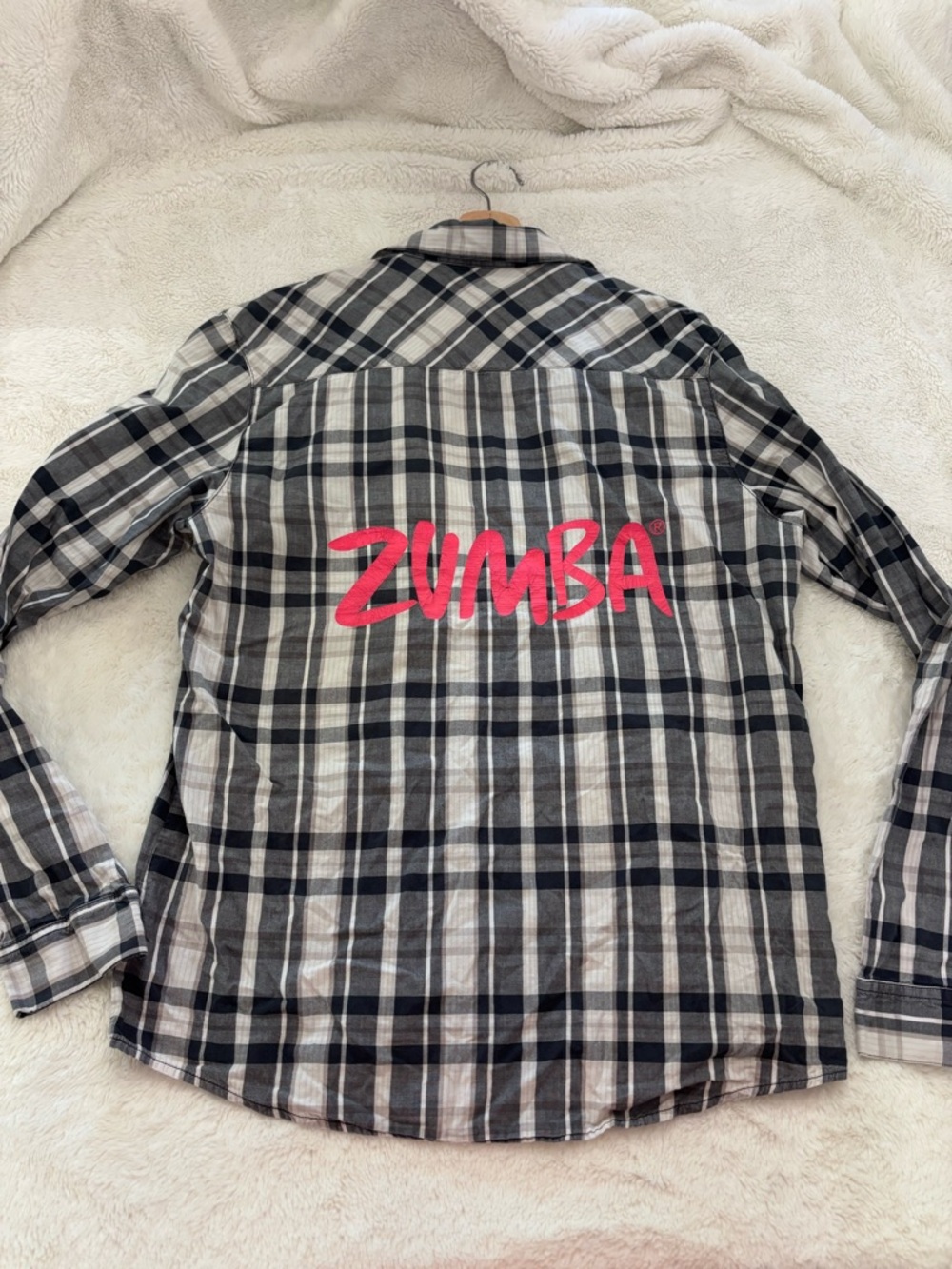 Zumba Plaid Button-Up Shirt with Pink Logo